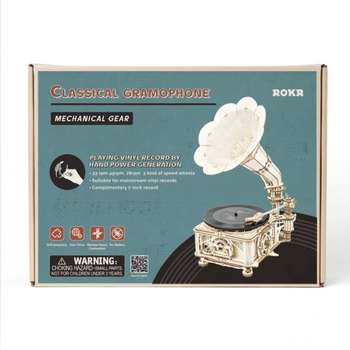 Wooden Puzzle 3D Classical Gramophone, Robotime, LKB01, 22.6x26.1x42.9cm