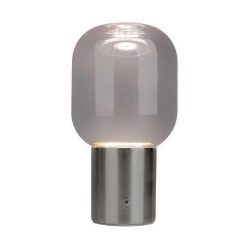 Akku-Tischleuchte "ALBERO" Deko-Tischleuchte aus chromfarbenem Metall und Glas mit fest verbauten LEDs, dimmbar mit Berührungssensor, 25 cm hoch