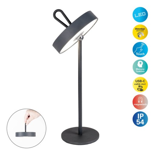 LED battery table lamp magnetic "Ella" for outside and inside, made of metal and plastic in gray, 35 cm high
