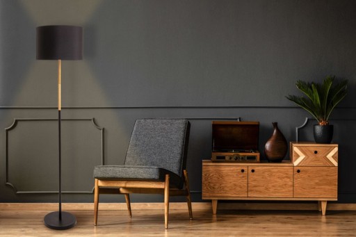 Textile standing lamp "Tessile", floor lamp made of metal, rubber tree and fabric in black, and nature, E27 socket, 126 cm high