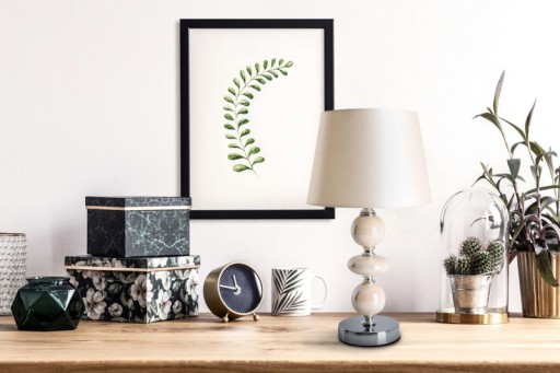 Ceramic table lamp "Araga" 36 cm high, table lamp made of metal, ceramic, with text blades, beige, with E14 socket, lighting for dining room, living room, hallway or office