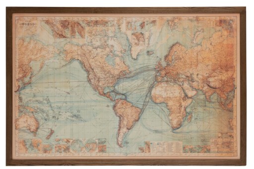 J-Line frame World map LED battery - wood/canvas - brown/natural