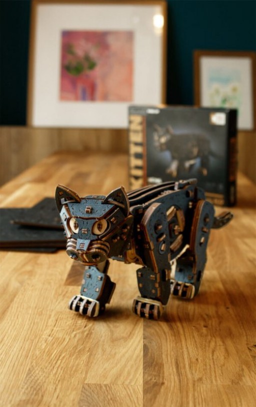 DIY 3D Mechanical Wooden Puzzle, Kitten Black, Eco Wood Art, 3854, 35.1X8.4X14.5
