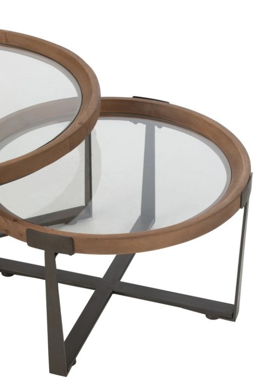 J-Line Set of 2 Coffee Table Luki Glass/Fir Wood Natural/Black