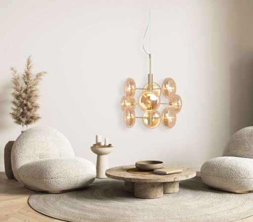 Pendelleuchte "ORION" Ø ca. 53 cm, aus messingfarbenem Metall und Glas in amber, G9-Sockel, Beleuchtung für Wohnzimmer, Esszimmer oder Büro.