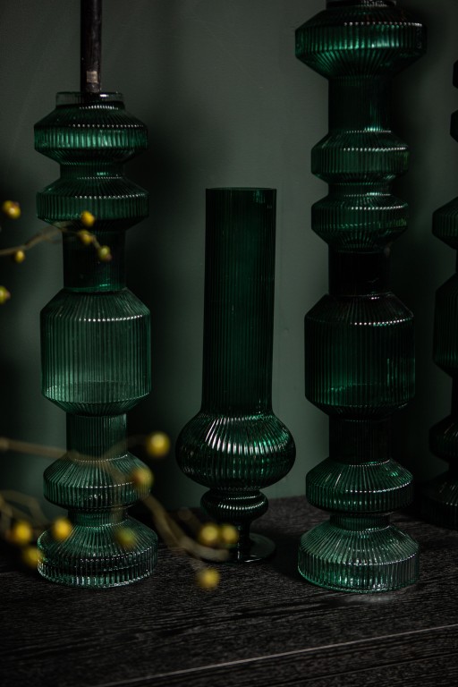 Keala Dark Green Round Ribbed Glass Vase On Base L