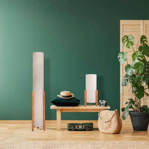 Tischleuchte "MATILDA" klassische Tischlampe mit natürlicher Ausstrahlung durch Holz und Stoffschirm, E27 Fassung, 52 cm hoch