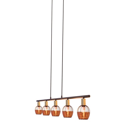 5 hanglamp "Corbis", echtelijke lamp gemaakt van zwart in zwart, met goud en rotan, met E14 -aansluiting, voor eetkamer, woonkamer, gang of kantoor, 100 cm lang
