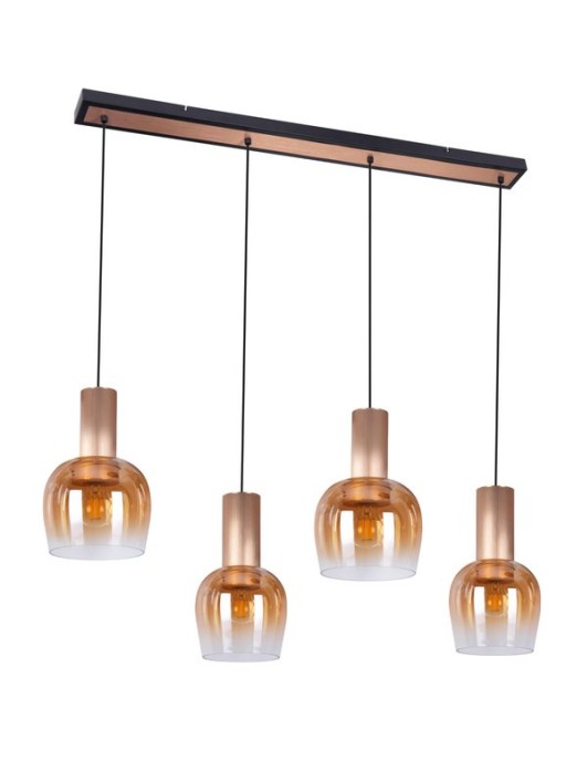 4-be pendant lamp "Funda", retro pendant lamp made of amber-colored glass and matt brushed, brass-colored metal, with E27 verticals, 111 cm long, 150 high, ideal for dining room, living room and kitchen.
