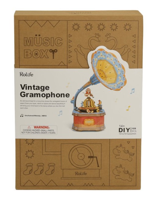 Music Box Wood DIY 3D Puzzle Vintage Gramophone, Robotime, AM43, 5.1×15.1×22.2 cm