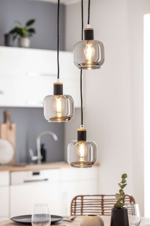3 ceiling lamp "fumoso", pendant lamp made of metal and glass in black, with E14 socket, for dining room, living room, hall or office, hanging lamp total height 123 cm.
