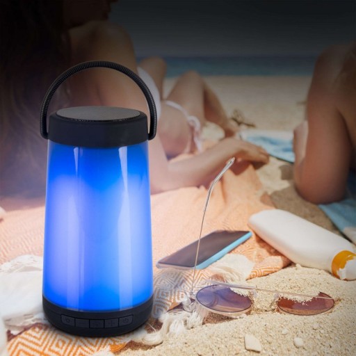 LED table light with BT speaker "Festa" for outdoor area made of black plastic with integrated LEDs, 18 cm high