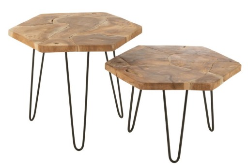 J-Line Set Of Two Side Table Hexagon Teak Wood/Metal Naturel