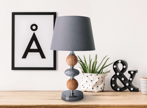 Ceramic table lamp "Araga" 36 cm high, table lamp made of metal, wood and marble, with text blades, gray, with E14 socket, lighting for dining room, living room, hallway or office