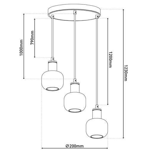 3 ceiling lamp "fumoso", pendant lamp made of metal and glass in black, with E14 socket, for dining room, living room, hall or office, hanging lamp total height 123 cm.