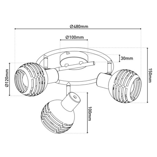 3-seater wall and ceiling rondel Spot "Casco" made of metal in black, and gold, with E27 version, Øca. 48 cm. Stylish lighting for living room, dining room or kitchen.