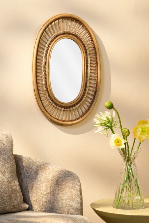 Oval wall mirror - L59 x B40 x H3 cm - rattan - light brown