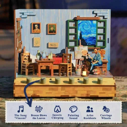 Tonecheer, DIY 3D Houten Puzzel met 6 verschillende geluidseffecten en stofkap Vincent's Bedroom, TQ401, 18x14,5x15,4cm
