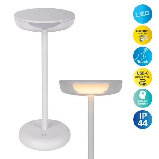 Cordless tablet light "Pasi" for outside and inside, made of metal and plastic in white, dimmable, with touch and memory function, approx. 26 cm high