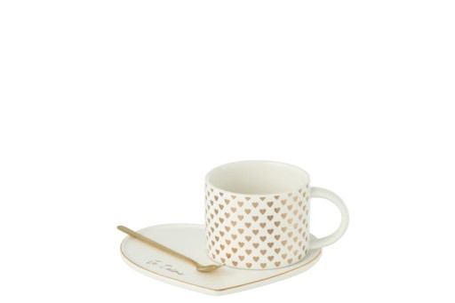 J-Line Mug + Plate + Spoon Heart Ceramic White/Gold
