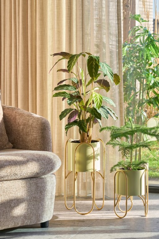 Danube flowerpot on Standard - Set of 2 - Metal - H45 x Ø23 cm - Light green, Gold