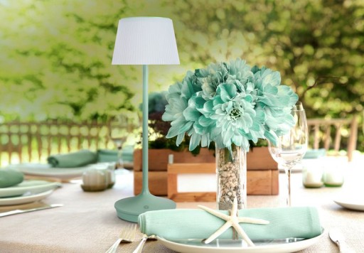 Solar battery lamp "Emmi" 38 cm high, umbrella Ø 13 cm, metal in MINT and white plastic, for the outdoor area, dimmable CCT.