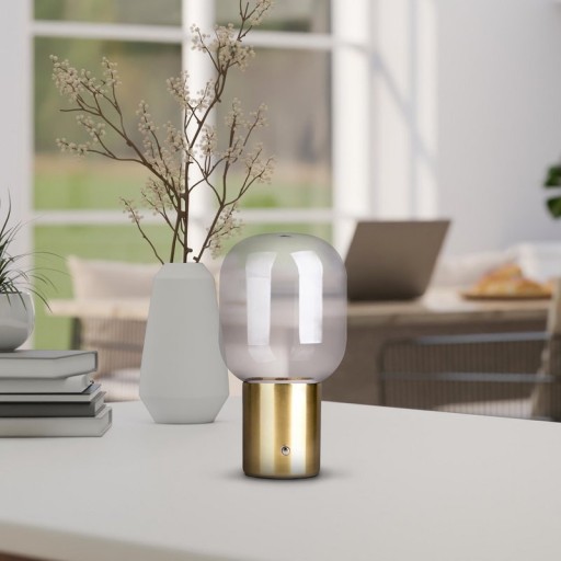 Akku-Tischleuchte "ALBERO" Deko-Tischleuchte aus messingfarbenem Metall und Glas mit fest verbauten LEDs, dimmbar mit Berührungssensor, 25 cm hoch