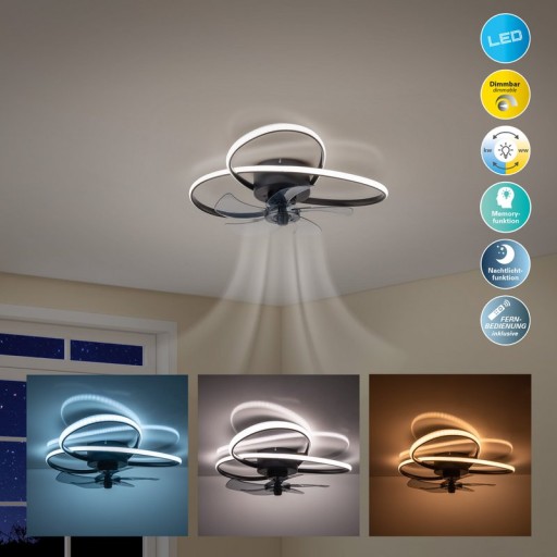 Die moderne LED Deckenleuchte "LECCIO" inklusive Ventilator, Nachtlichtfunktion, Dimmung und Lichttemperatureinstellung ist mit fest verbauten LEDs bestückt und hat einen ungefähren Øvon 58 cm.