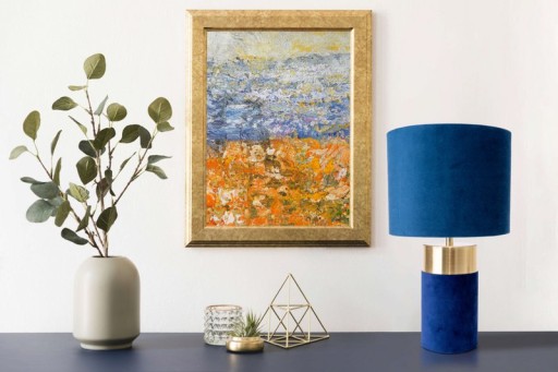 Tischleuchte "BORDO" 32cm hoch aus Metall und Velours in Gold und Blau, mit E14-Fassung, Lampe für Esszimmer, Wohnzimmer, Diele oder Büro