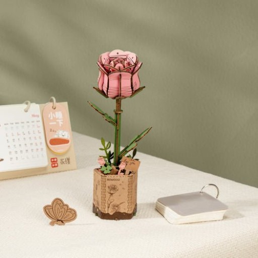 Robotime, DIY Houten Bloem Pink Rose, Roze Roos, TW041, 8,5x6,5x21cm