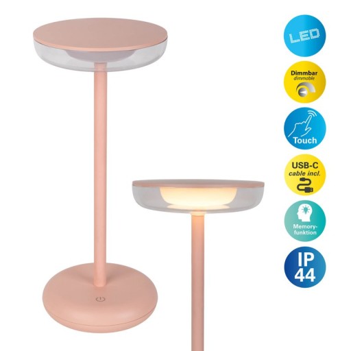 Cordless tablet light "Pasi" for outside and inside, made of metal and plastic in pink, dimmable, with touch and memory function, approx. 26 cm high