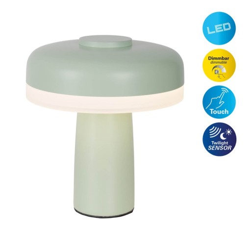 Cordless table light "Pilu", 16.5 cm high, above Ø of 15 cm, metal in MINT, white plastic, integrated LEDs, 280 lumens, dimmable by touch sensor, warm white