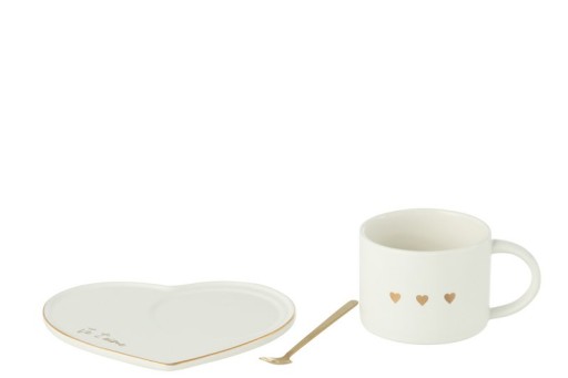 J-Line Mug + Plate + Spoon 3 Heart Ceramic White/Gold