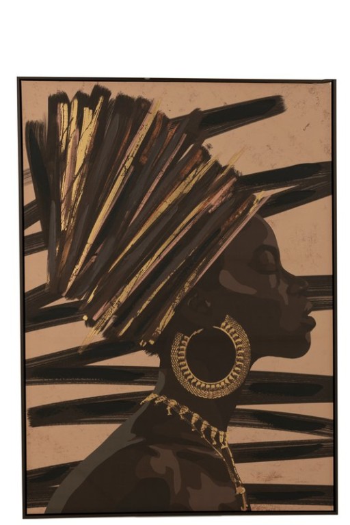 J-Line Kader Afrikaanse Vrouw Strepen Hout/Canvas Bruin/Zwart