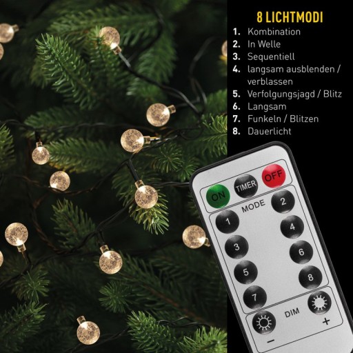 Outdoor light chain with decorative balls in glass look, 868 cm long, warm white,