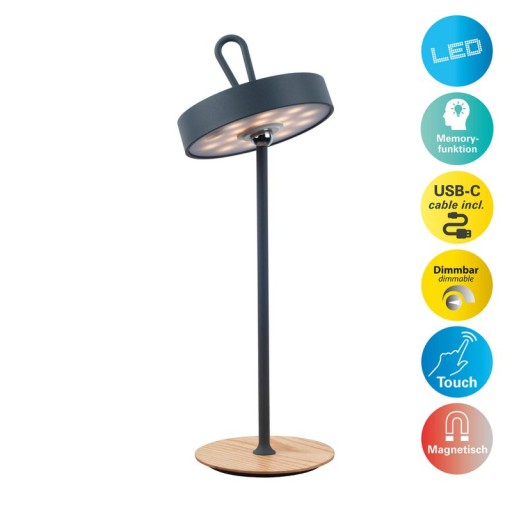 LED battery table lamp magnetic for outside and inside, made of metal and plastic in gray, 36 cm high