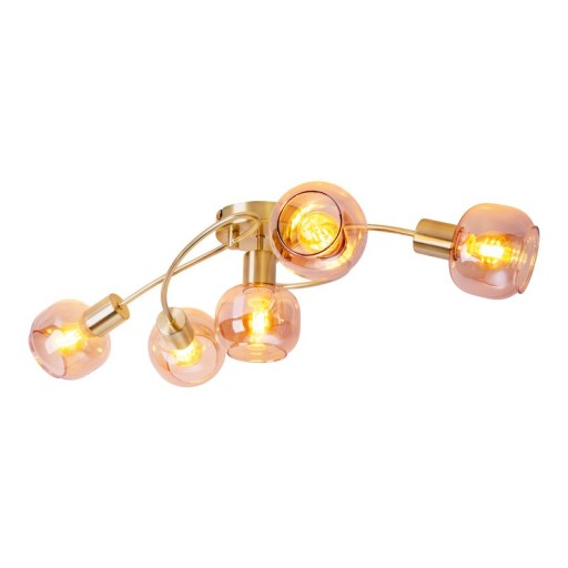 5er Spot/Deckenleuchte "LIBBY" Messing, klassische Deckenlampe aus messingfarbenem Metall und getöntem Glas in Amber, mit E14-Fassung, für Esszimmer, Wohnzimmer, Diele oder Büro, 65,5 cm lang