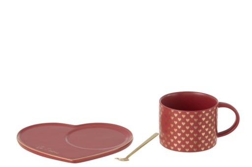 J-Line Mug + Plate + Spoon Heart Ceramic Red
