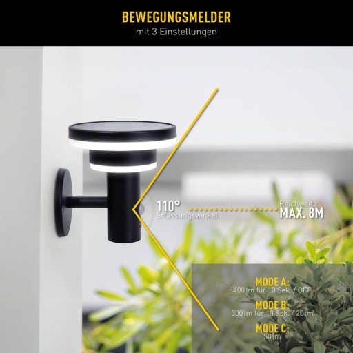 LED Solar Außenwandleuchte "NORA" , für Außen, Wandleuchte - Metall und Kunststoff in Schwarz, mit integrierter LED