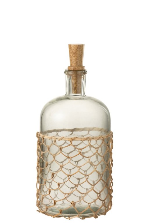 J-Line Knitted bottle and cork - glass/wood/reed - transparent