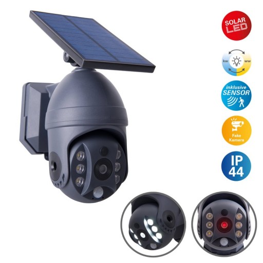LED solar exterior wall lamp "Moho" with motion detector and security camera fold, wall light made of plastic in gray, with integrated LED