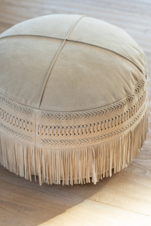 J-Line Pouf Fringes Round Leather Light Gray