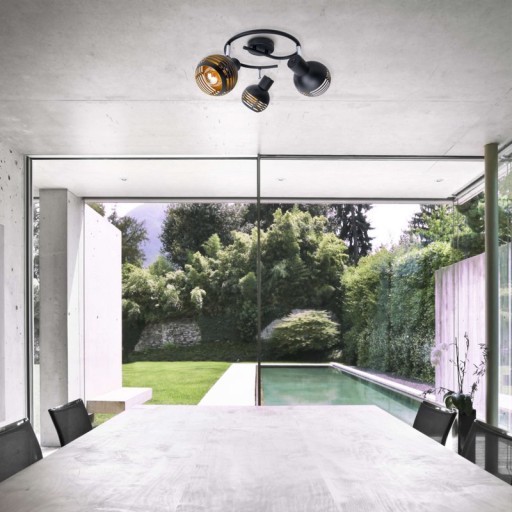 3-seater wall and ceiling rondel Spot "Casco" made of metal in black, and gold, with E27 version, Øca. 48 cm. Stylish lighting for living room, dining room or kitchen.