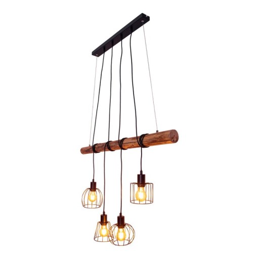 4 pendant lamp "Woodland", hanging lamp, metal and wood in black, and natural E27 socket, for dining room, living room, hallway or office, 100 cm long