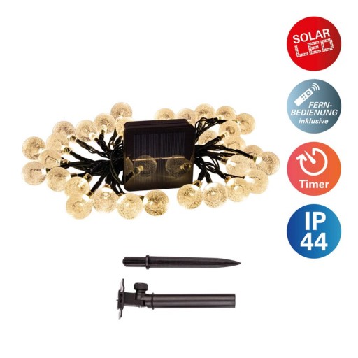 Outdoor light chain with decorative balls in glass look, 868 cm long, warm white,