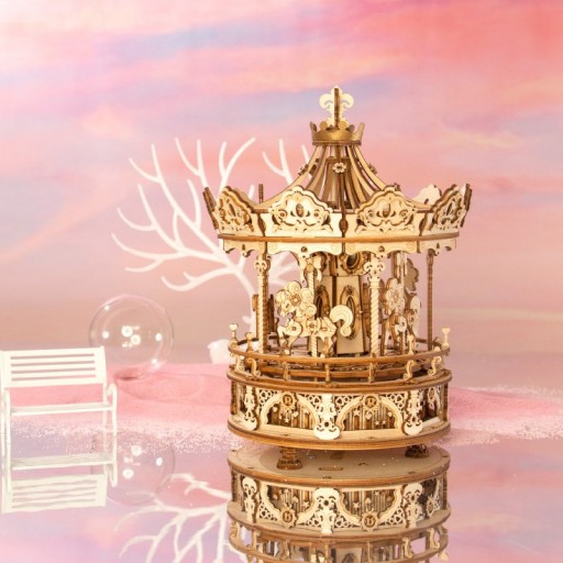 Music Box Wood DIY 3D Puzzle Romantic Carousel, Robotime, AMK62, 17x17x23.5cm