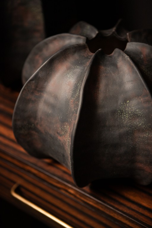 Grayson Black Ceramic Round Ribbed Vase Low