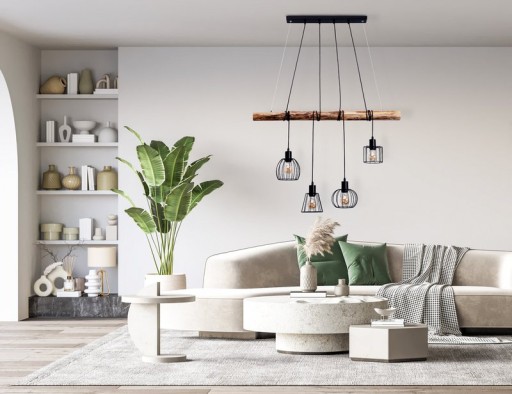 4 pendant lamp "Woodland", hanging lamp, metal and wood in black, and natural E27 socket, for dining room, living room, hallway or office, 100 cm long