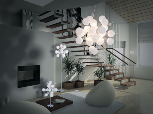 Pendant lamp "explosion" white made of metal and glass, G9 versions, for dining room, living room, hallway or office, hanging lamp Øca 65 cm