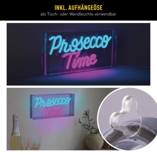 LED font light "Prosecco Time" decoration for inside 30 x 15 cm, in blue and magenta-red